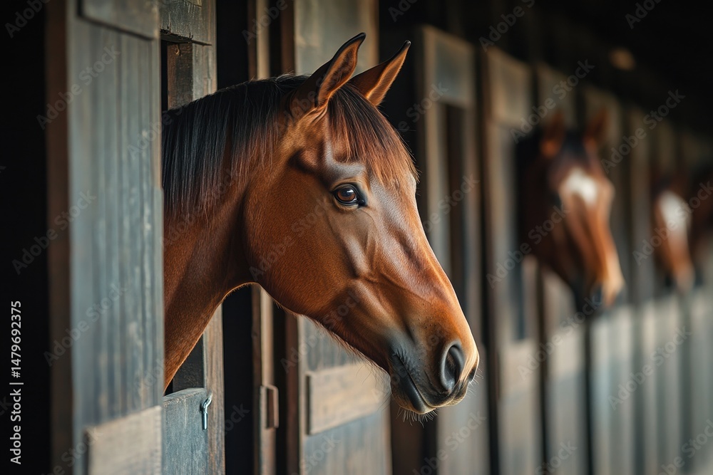 Fototapeta premium Horses In Stalls. Beautiful Bay Horses in the Barn Animal Stalls