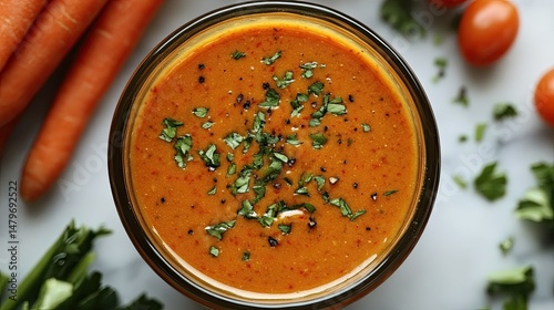 Overhead view of carrot soup topped with parsley in a glass bowl with vegetables around