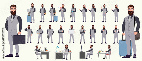 Man Character design. Front, side, back view and explainer animation poses. Character set with lip sync and facial expressions of Happy, angry, sad, Joy with Side walk cycle animation sequence sprite 