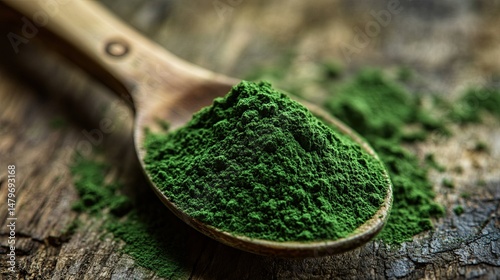 Close up of green powder in a wooden spoon on a textured wooden surface in a studio setting