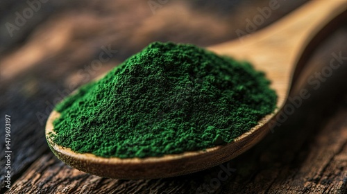 A wooden spoon filled with a vibrant green powder against a textured wooden background surface close up