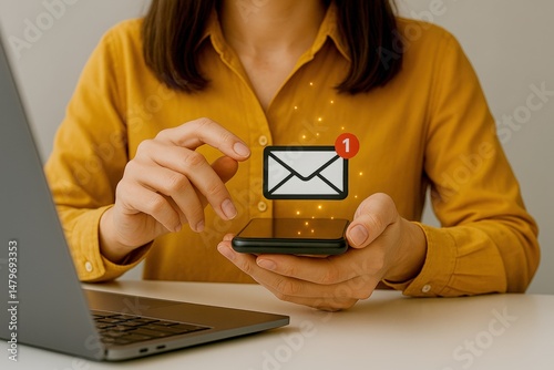 Female User Engaging with Email Alert on Smartphone in Modern Office