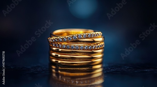 A stack of gold rings with diamonds on a reflective surface against a dark blue background