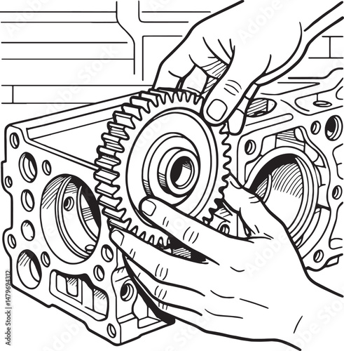 Hands placing gear in an engine component