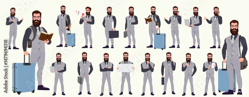 Man Character design. Front, side, back view and explainer animation poses. Character set with lip sync and facial expressions of Happy, angry, sad, Joy with Side walk cycle animation sequence sprite 