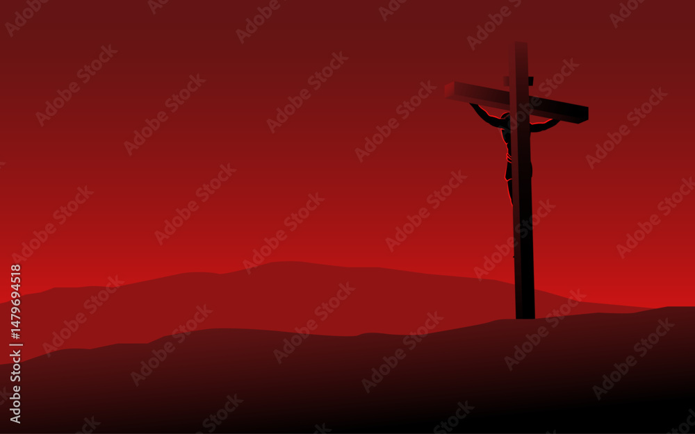 Simple minimalist biblical vector illustration series in red tone colors, back view of Jesus on the cross wearing a crown of thorns