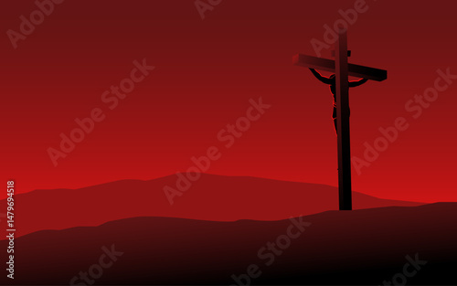 Simple minimalist biblical vector illustration series in red tone colors, back view of Jesus on the cross wearing a crown of thorns