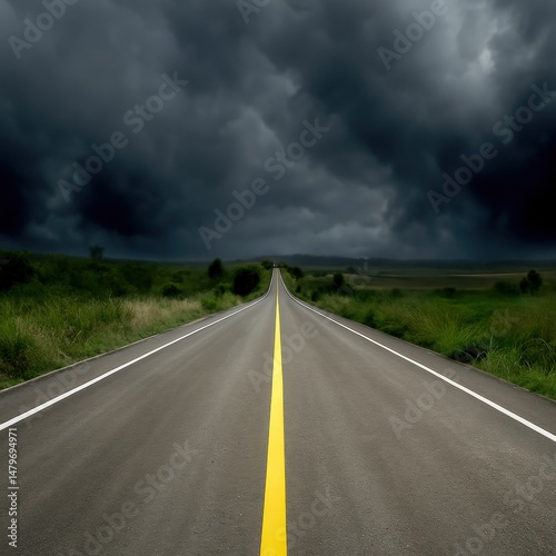 Deserted road under threatening storm clouds signifying tension ahead