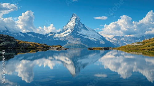 Matterhorn mountain reflected in a lake with a blue sky and scattered white clouds above it all
