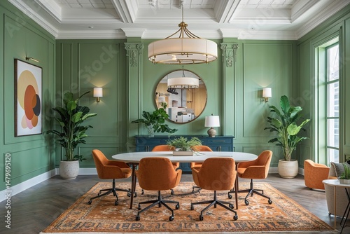 Sage Green Office Interior with Vibrant Team Collaboration and Elegant Decor