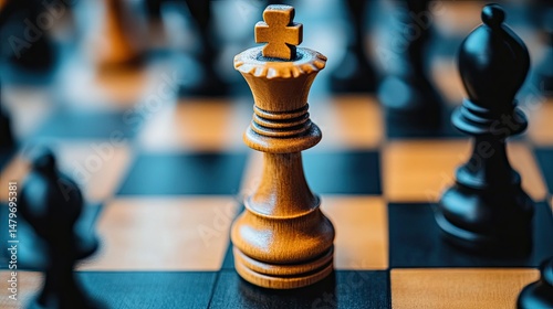 A close up of a wooden king chess piece on a chessboard with other pieces in the background