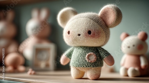 Endearing Knitted Mouse Doll in a Charming Display with Other Cute Toys