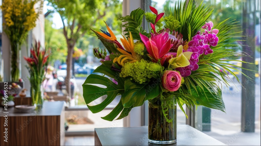 Fototapeta premium Bold and structured bouquet with tropical flowers and greenery arranged in a modern floral shop