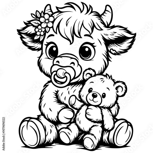 Funny Highland Cow Cute baby yak with pacifier hugging a teddy bear, black and white vector illustration in adorable cartoon style for kids and nursery
