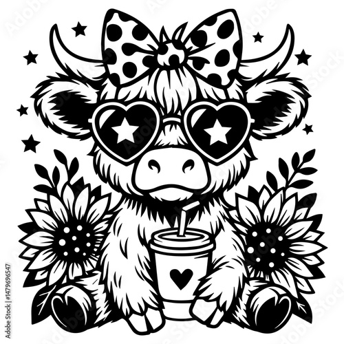 Funny Highland Cow Cute baby cow with heart sunglasses, bow, flowers, and a drink cup, black and white vector illustration in playful cartoon style