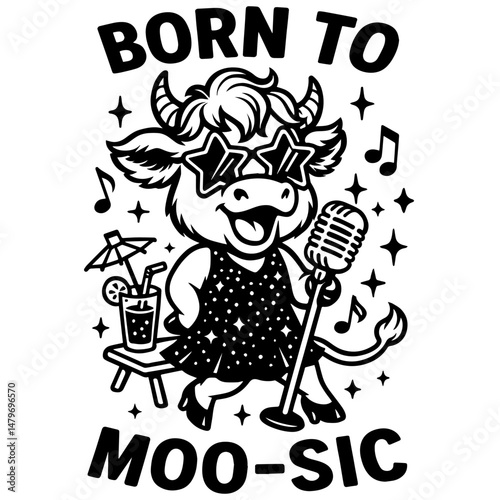Funny Highland Cow Singing in star sunglasses and sparkly dress with microphone and drink, black and white vector illustration in funny cartoon style
