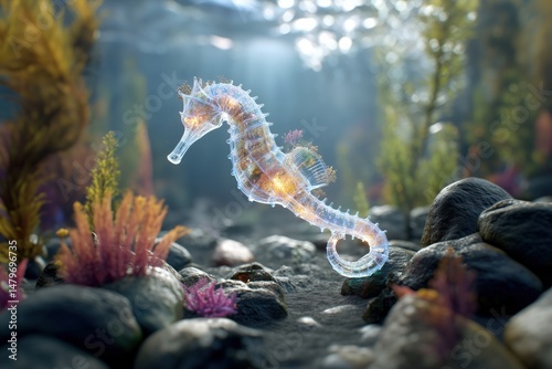 Magical Seahorse with Underwater Garden and Glowing Elements
