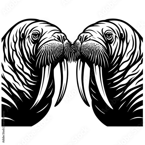 Two walruses facing each other in symmetrical pose, black and white vector illustration with bold tusks and detailed whiskers