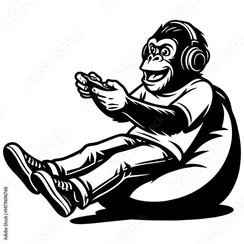 Gorilla sitting on bean bag with headphones and controller, black and white vector illustration in gaming cartoon style