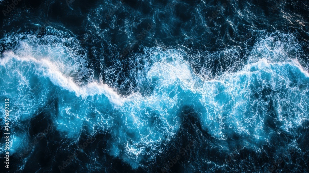 Obraz premium An aerial view of ocean waves crashing, showcasing the vibrant blues and foamy white caps, capturing the beauty and power of nature.