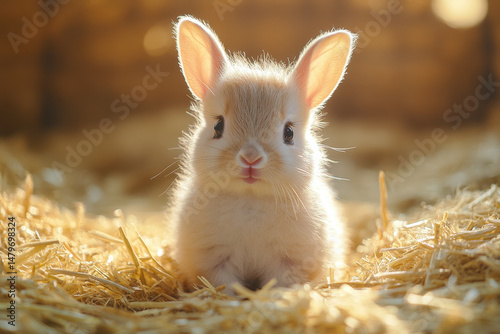 Small rabbit sits in hay.