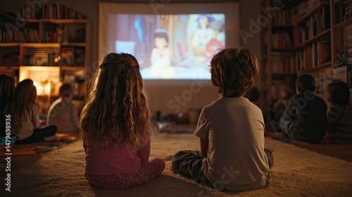Children sitting on a carpeted floor, watching animated movie via projector at home