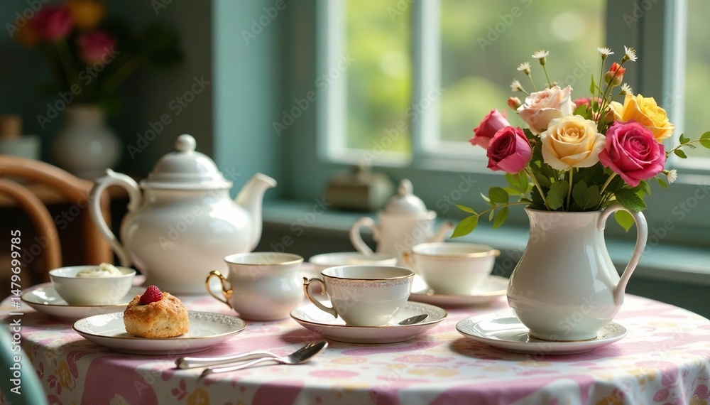 Whimsical tea party scene with mismatched crockery, tea cups, strange Whimsical tea party scene with mismatched crockery, tea cups, strange