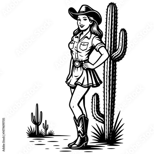 Retro cowgirl in dress and boots standing near cactus in desert landscape, vintage western vector style