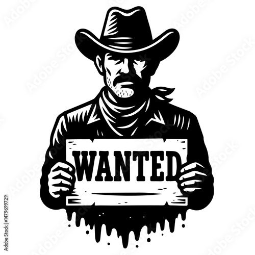 Western cowboy holding "Wanted" sign, vintage outlaw portrait in bold black and white line art styl
