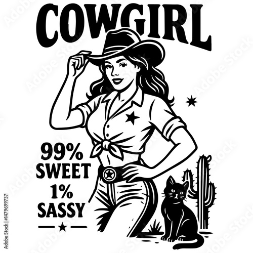 Smiling cowgirl with black cat and cactus, bold vintage western design with confident attitude and retro charm