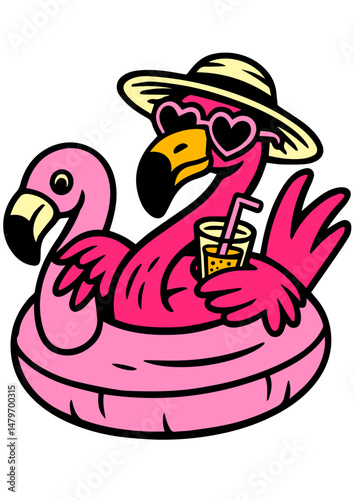 Cartoon flamingo relaxing in a floatie with a drink, summer beach vacation illustration, fun animal character
