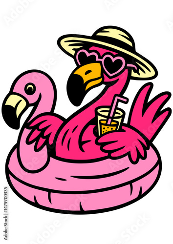 Cartoon flamingo relaxing in a floatie with a drink, summer beach vacation illustration, fun animal character