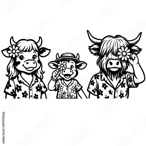 Cute Highland cow family in Hawaiian shirts with flowers, mother, father and son cartoon line art
