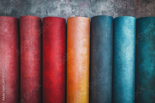 A vivid display of colored fabric rolls lined up, showcasing texture, depth, and an artist's palette of creativity.