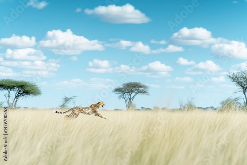 A cheetah elegantly sprints through golden savannah grass under a vibrant sky dotted with fluffy clouds, epitomizing grace and speed.