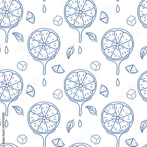 Pattern featuring slices of lemon with ice cubes and leaves on a white background