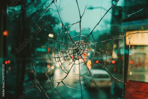 Urban lights blur into a kaleidoscope through spider-web cracks in glass, creating a dreamlike cityscape.