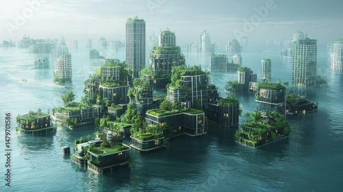 A city built entirely on water with floating skyscrapers and green rooftops.