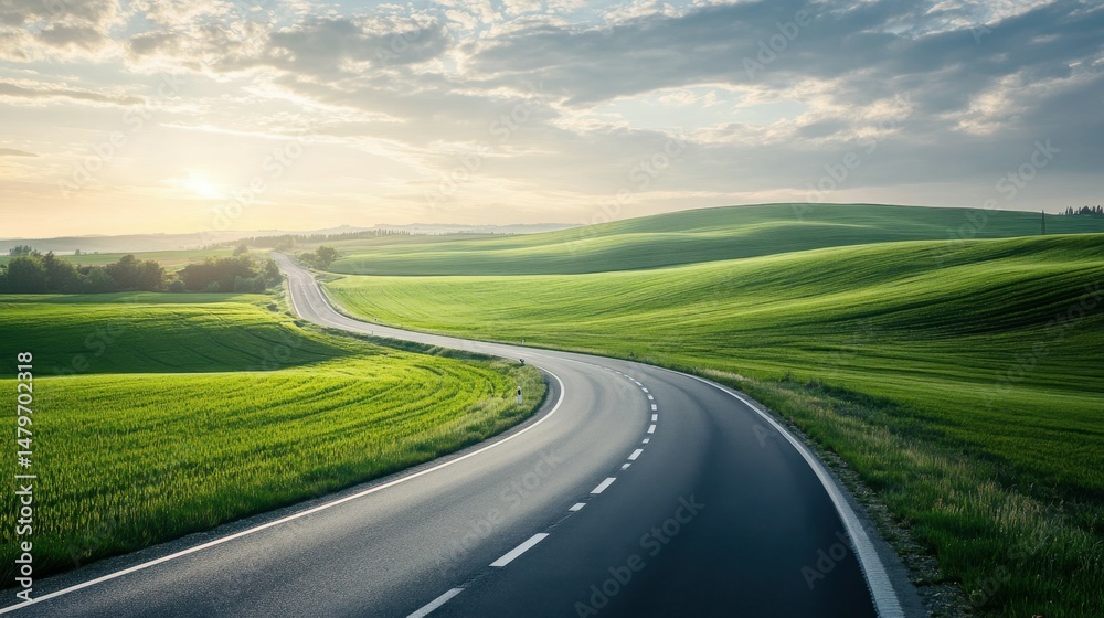 Fototapeta premium Endless Highway with Green Fields