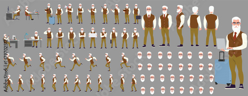 Man Character design. Front, side, back view and explainer animation poses. Character set with lip sync and facial expressions of Happy, angry, sad, Joy with Side walk cycle animation sequence sprite 