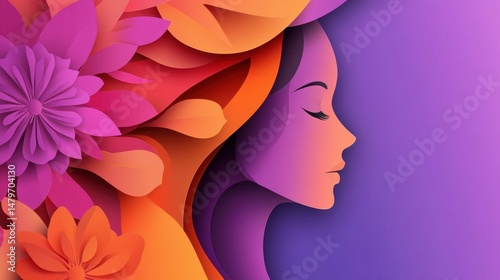 International Womens Day poster element with woman silhouette ornaments in paper cut 3D illustration. Female face flyer for feminism, independence, empowerment and Women's day