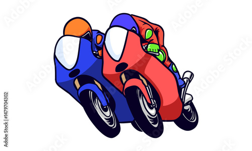 Motorcycle racing, two racers overtaking each other. Super bike, motor sport biker vector illustration