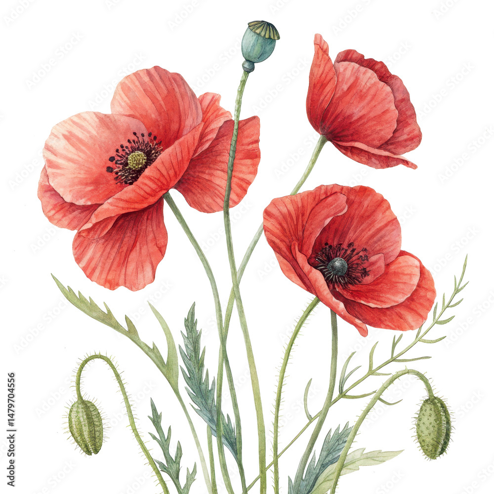 Obraz premium Watercolor painting of red poppy flowers and buds isolated ontransparent background, illustration