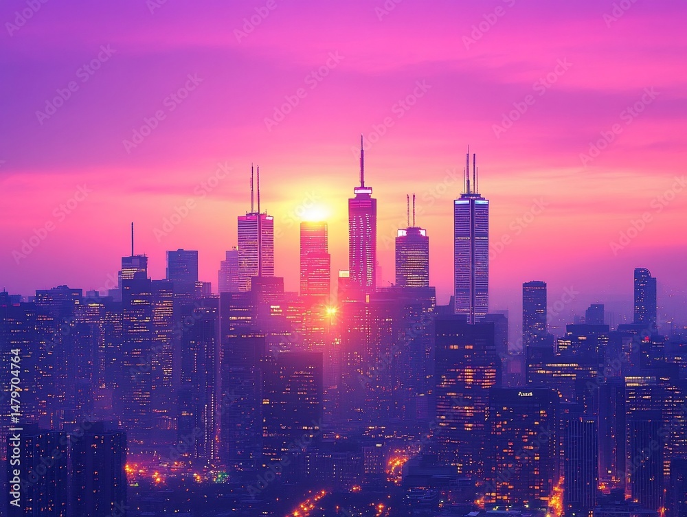 Fototapeta premium Vibrant city skyline at sunrise