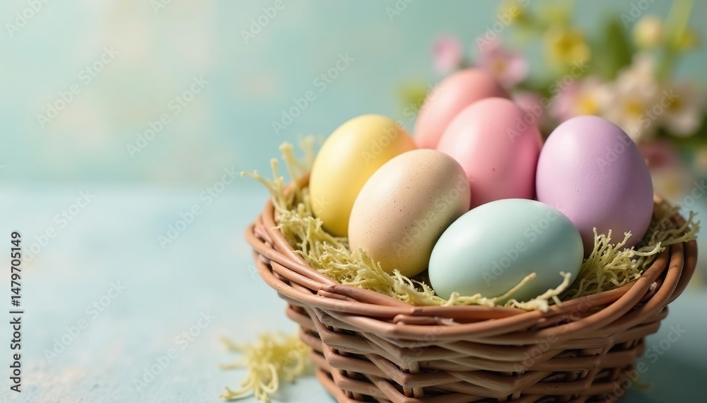 Pastel-colored Easter eggs in a basket, springtime colors , light, eggs, rabbit Pastel-colored Easter eggs in a basket, springtime colors , light, eggs, rabbit