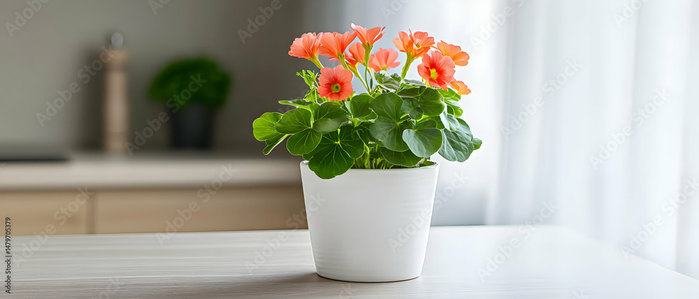 Fototapeta premium Orange Flowers In White Pot On A Light Wooden Table