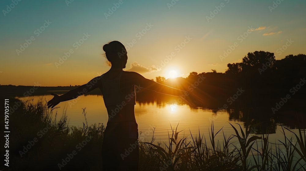 Fototapeta premium Silhouette of a person stretching against a sunset backdrop beautiful end of day routine