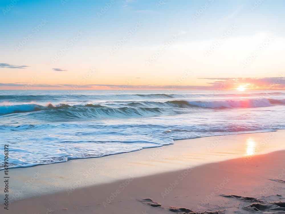 Fototapeta premium Bright summer beach background with sun, waves, and sand