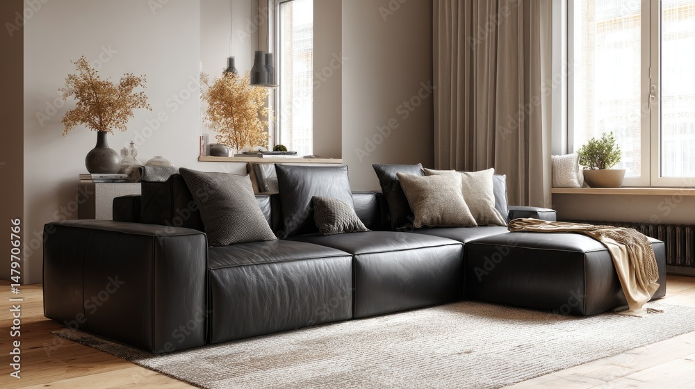 Fototapeta premium Corner view of a black leather sectional sofa in a neutral-toned interior with clean, soft textures