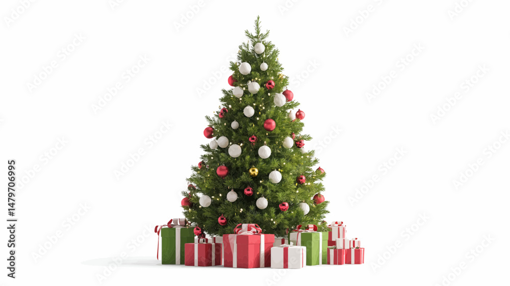 Naklejka premium Classic Christmas tree decorated with red, white, and gold ornaments, surrounded by festive gift boxes wrapped in red, green, and white on a white background.